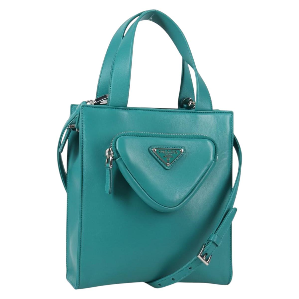 PRADA Hand Bag Leather 2way Green Silver Auth 135405M