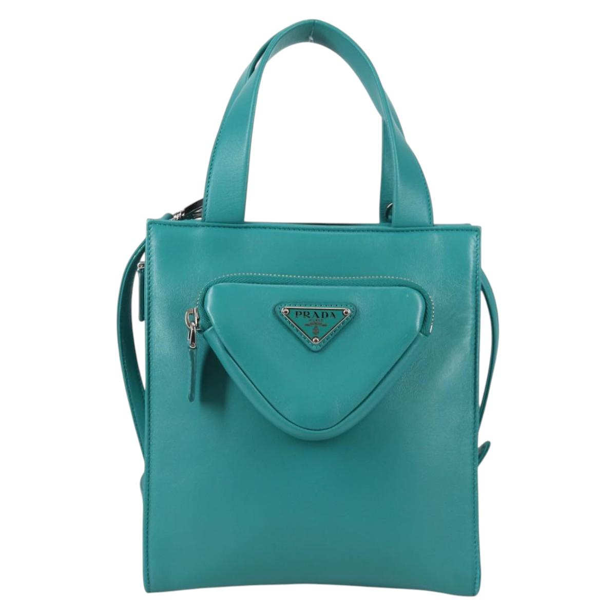 PRADA Hand Bag Leather 2way Green Silver Auth 135405SAM
