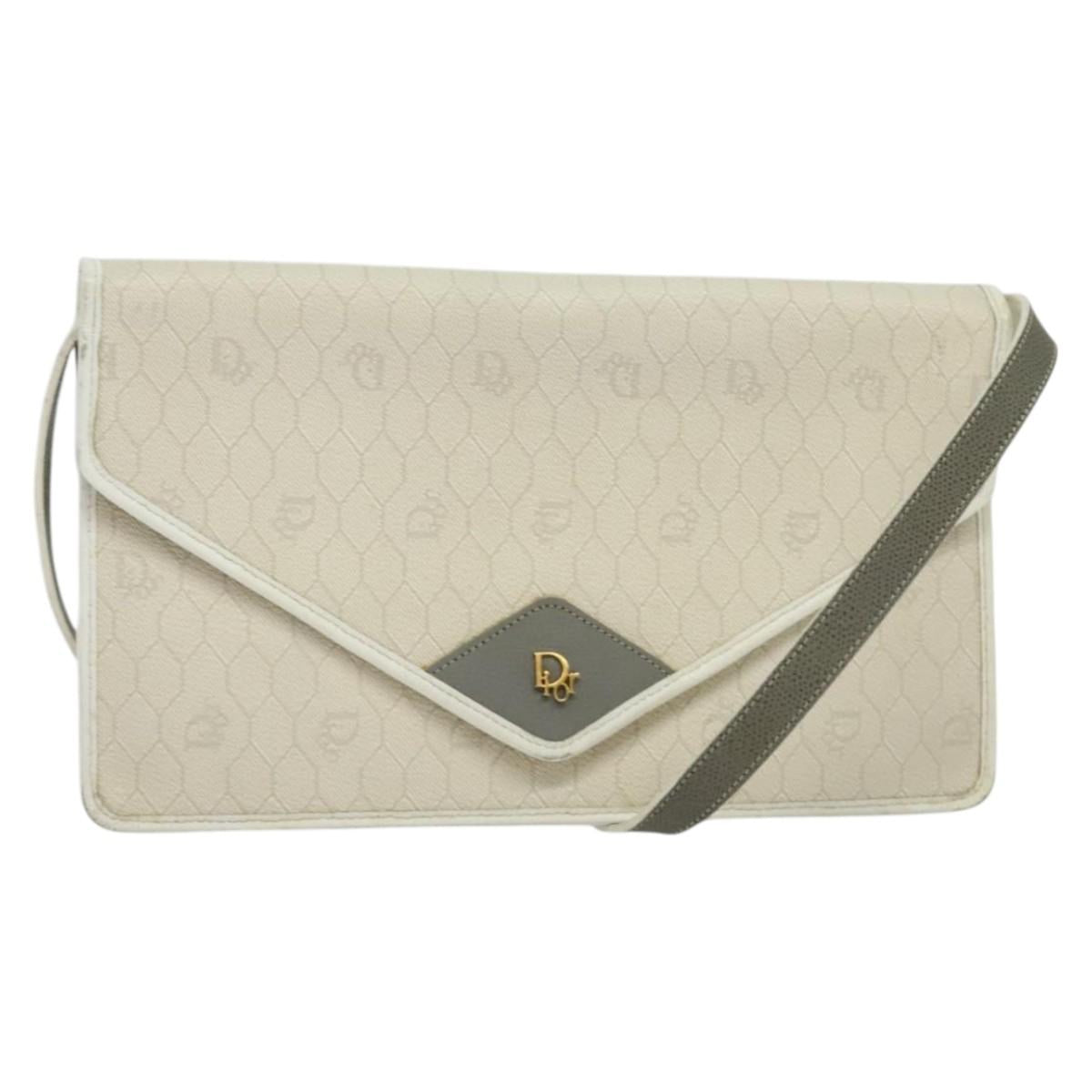 Christian Dior Honeycomb Canvas Shoulder Bag PVC White Gold Auth 135487