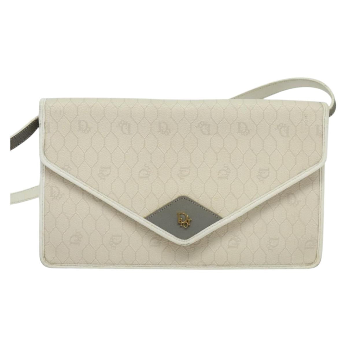 Christian Dior Honeycomb Canvas Shoulder Bag PVC White Gold Auth 135487