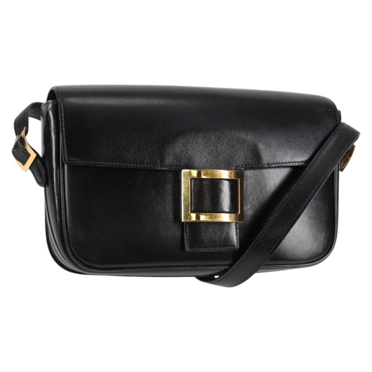 HERMES Martine Vert Shoulder Bag Leather Black Gold Auth 135513SAM