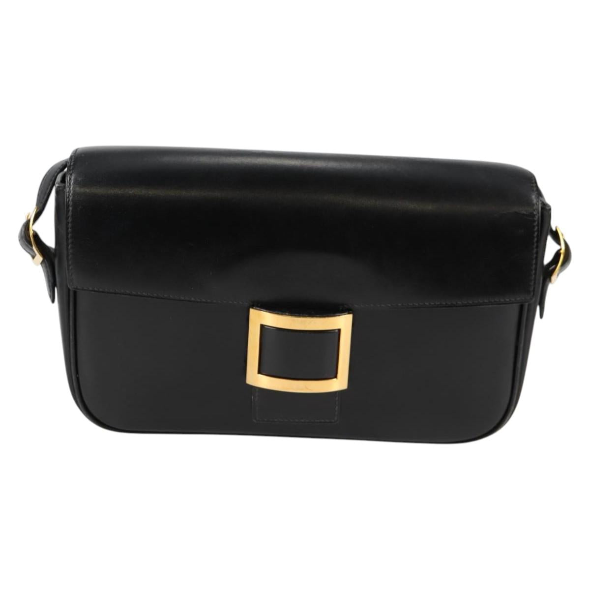 HERMES Martine Vert Shoulder Bag Leather Black Gold Auth 135513SAM