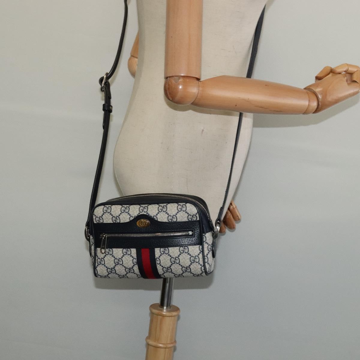GUCCI GG Supreme Sherry Line Shoulder Bag PVC Navy Red Auth 135549
