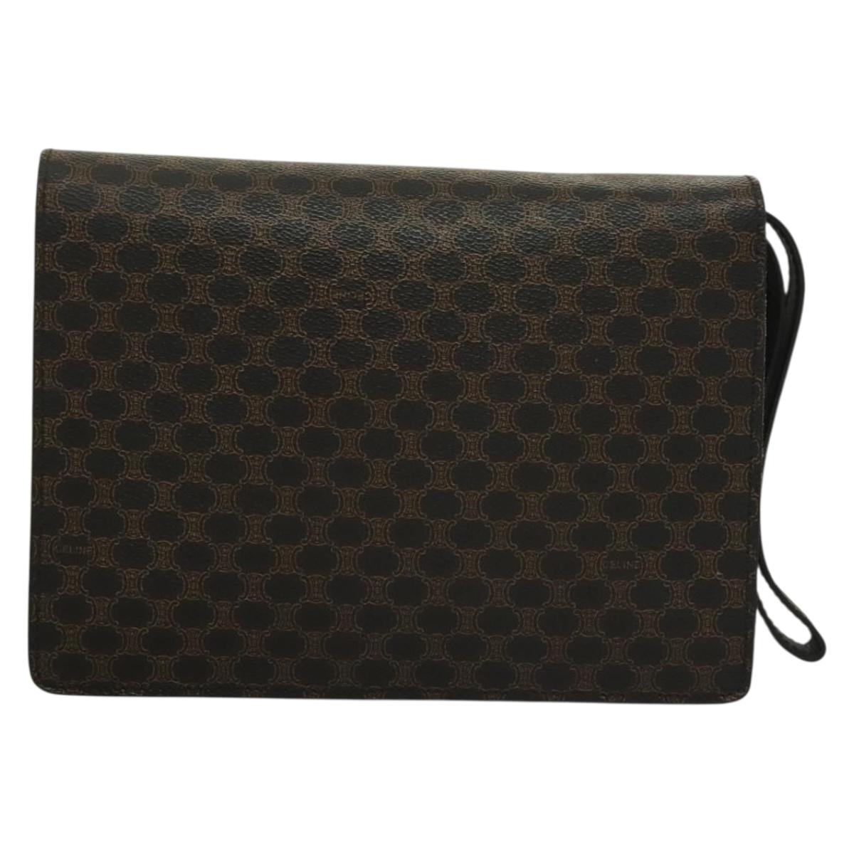 CELINE Macadam Canvas Clutch Bag PVC Leather Black Gold Auth 135556