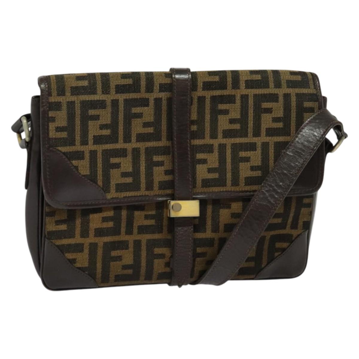 FENDI Zucca Canvas Shoulder Bag Black Brown Auth 135567