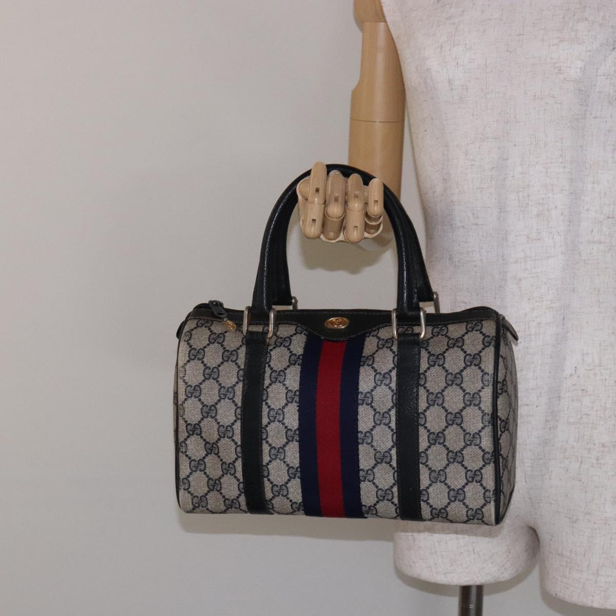 GUCCI GG Supreme Sherry Line Hand Bag PVC Navy Gold Red Auth 135604