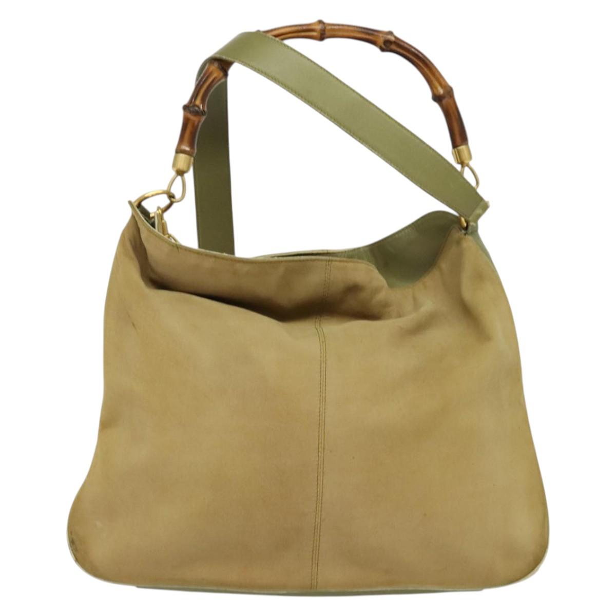 GUCCI Bamboo 2Way Shoulder Bag Suede Beige Gold 001 58 1577 Auth 135624