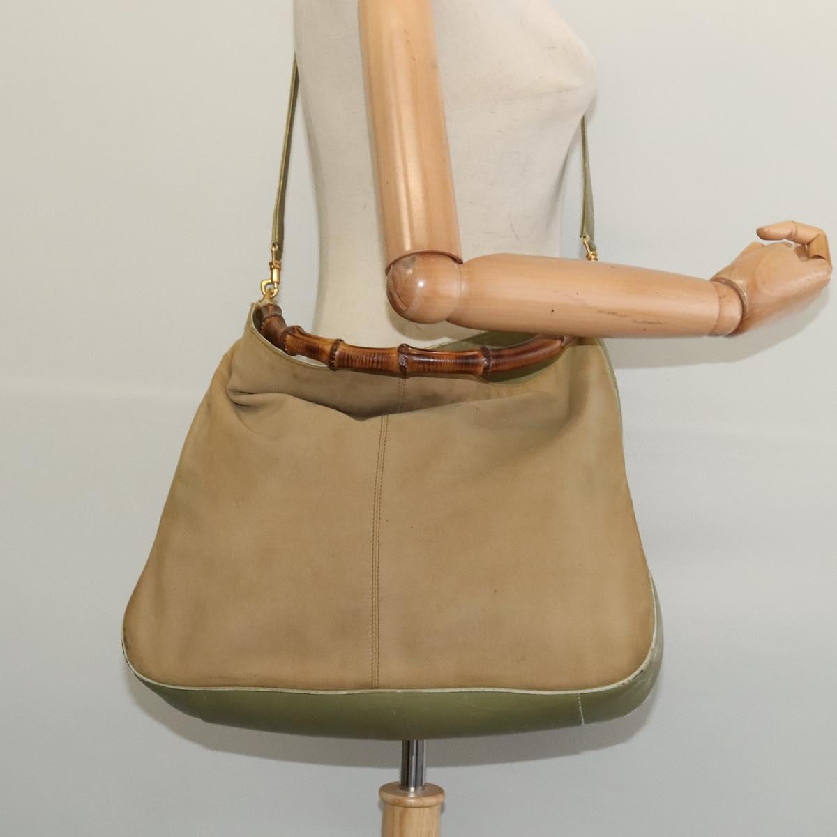 GUCCI Bamboo 2Way Shoulder Bag Suede Beige Gold 001 58 1577 Auth 135624