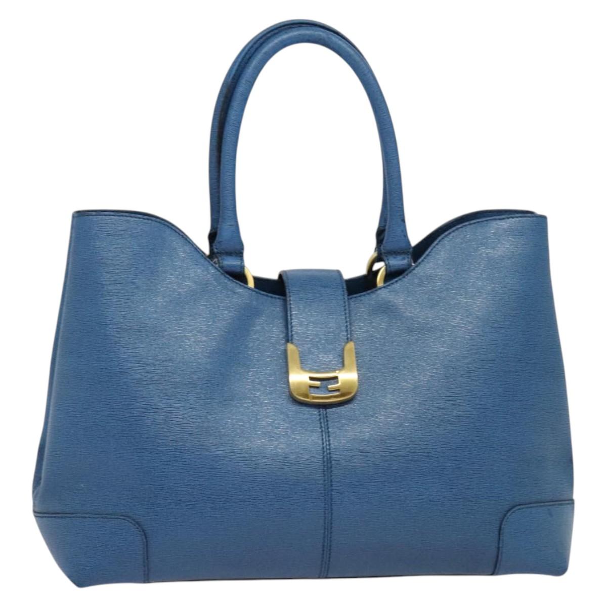 FENDI Tote Bag Leather Blue Gold Auth 135627
