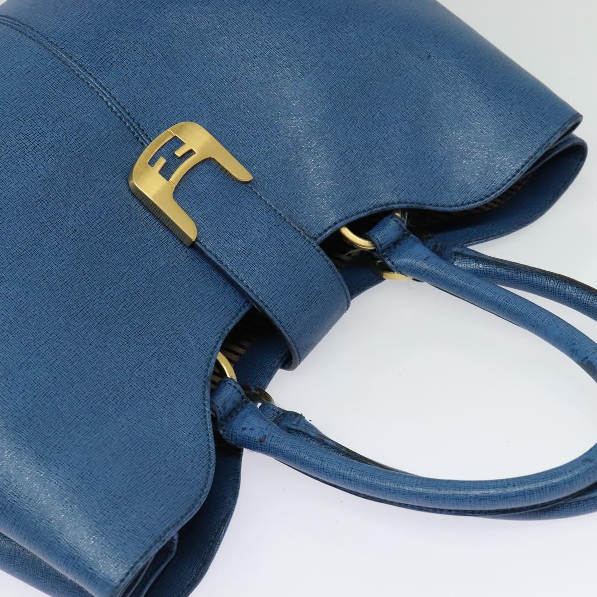 FENDI Tote Bag Leather Blue Gold Auth 135627