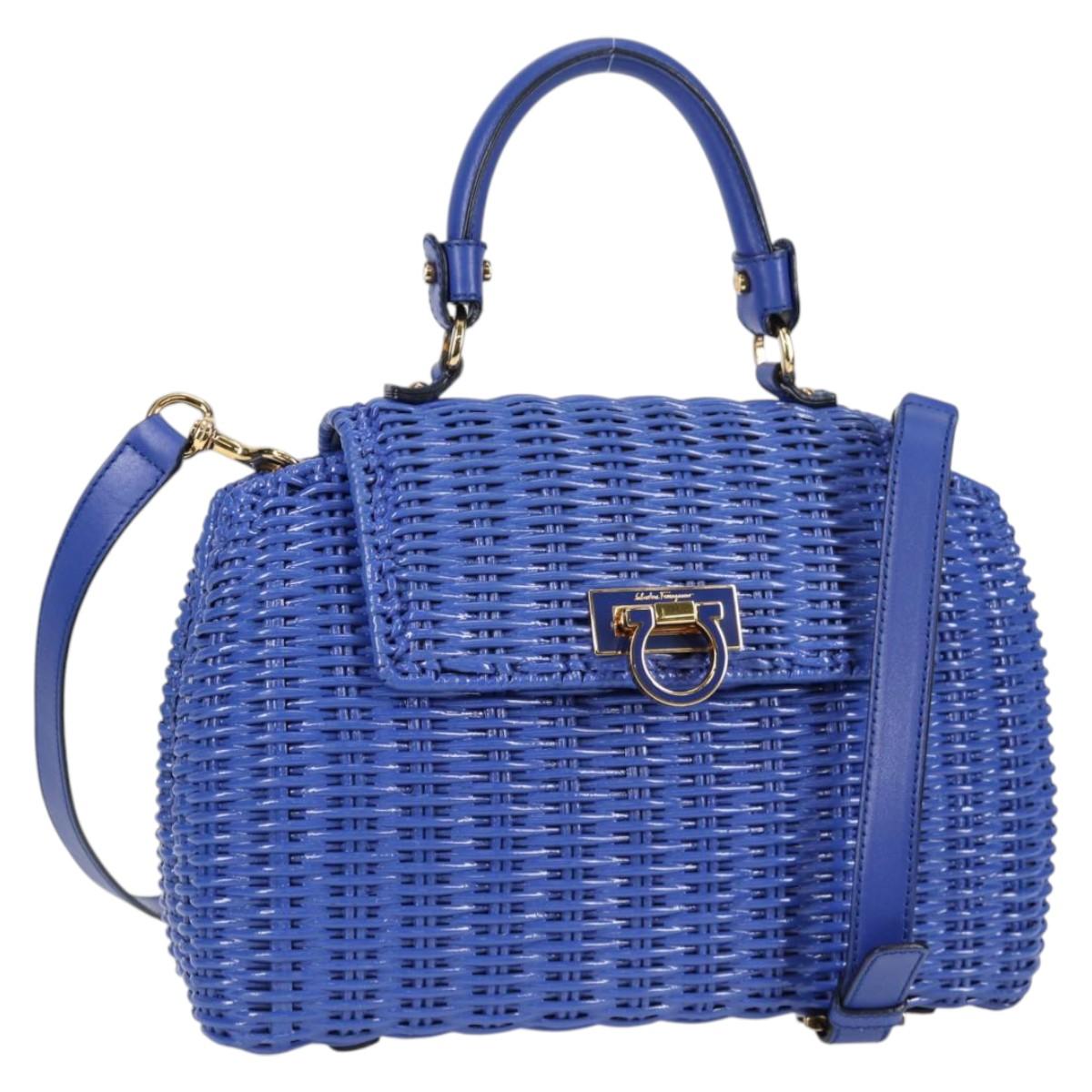 Salvatore Ferragamo Gancini Hand Bag Wicker 2way Blue Gold Auth 135631V
