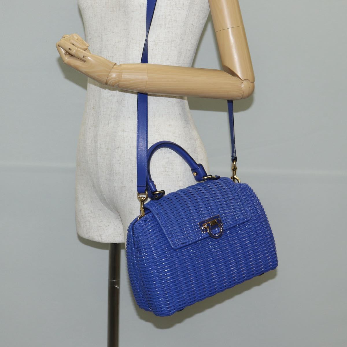 Salvatore Ferragamo Gancini Hand Bag Wicker 2way Blue Gold Auth 135631V