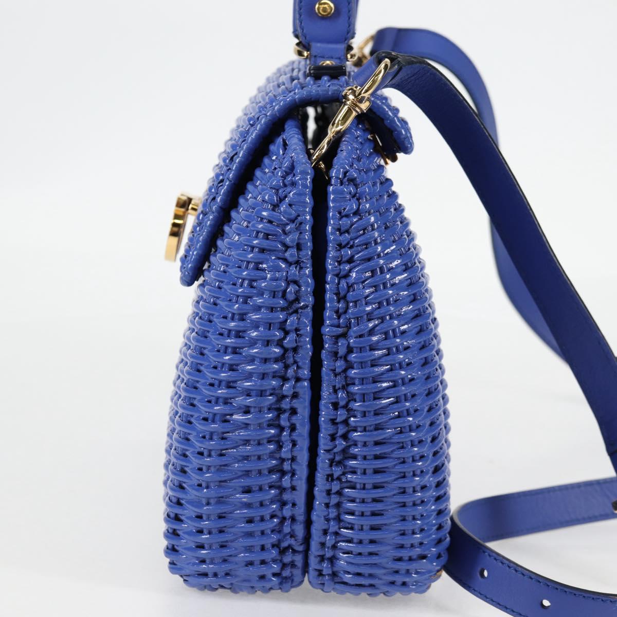 Salvatore Ferragamo Gancini Hand Bag Wicker 2way Blue Gold Auth 135631V