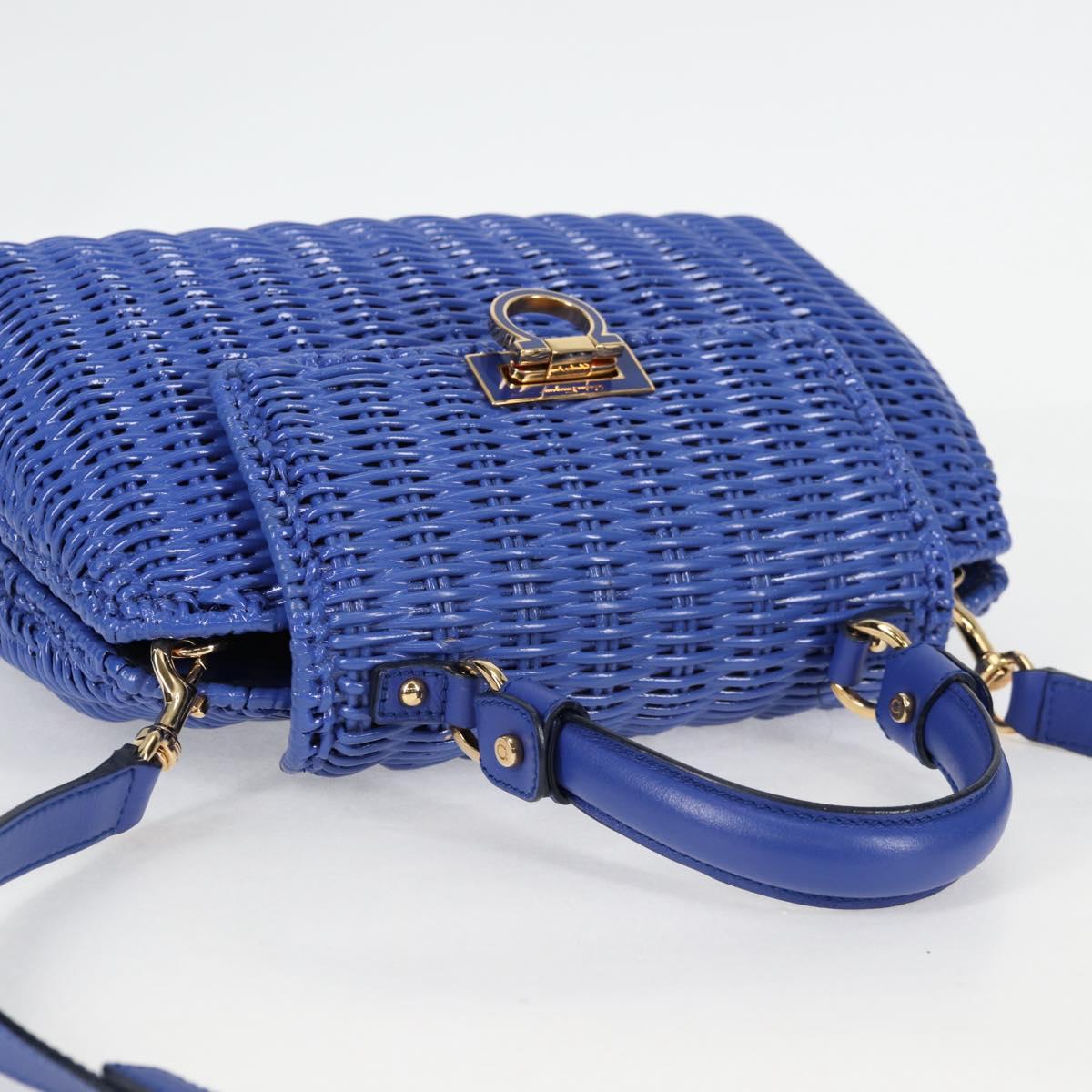 Salvatore Ferragamo Gancini Hand Bag Wicker 2way Blue Gold Auth 135631SAV