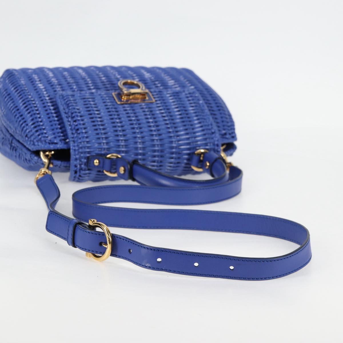 Salvatore Ferragamo Gancini Hand Bag Wicker 2way Blue Gold Auth 135631V