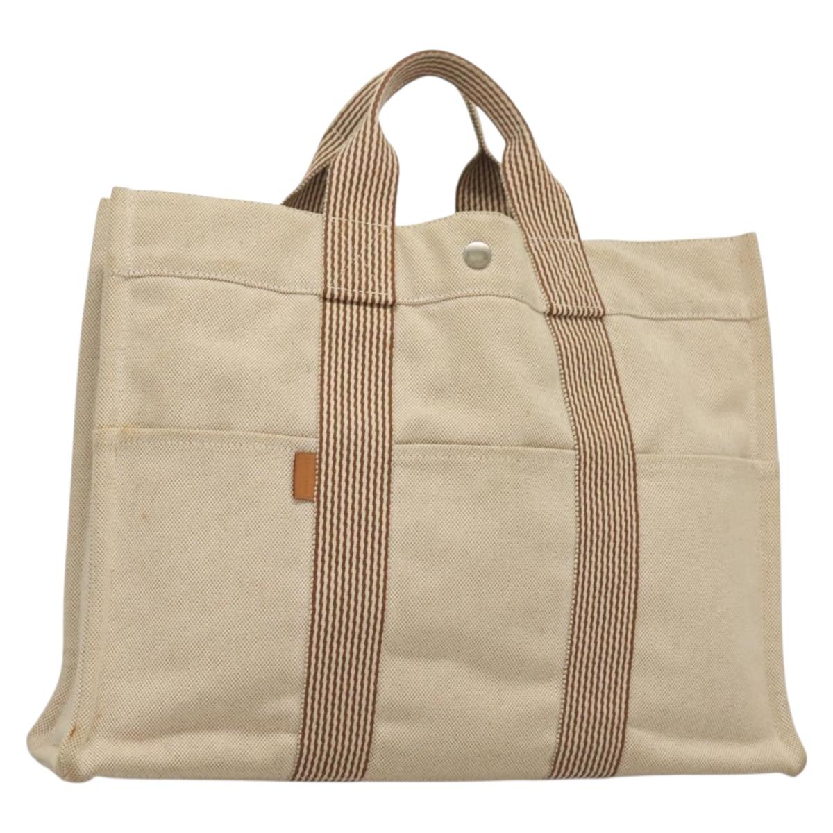 HERMES New Fourre ToutMM Hand Bag Canvas Beige Silver Auth 135646