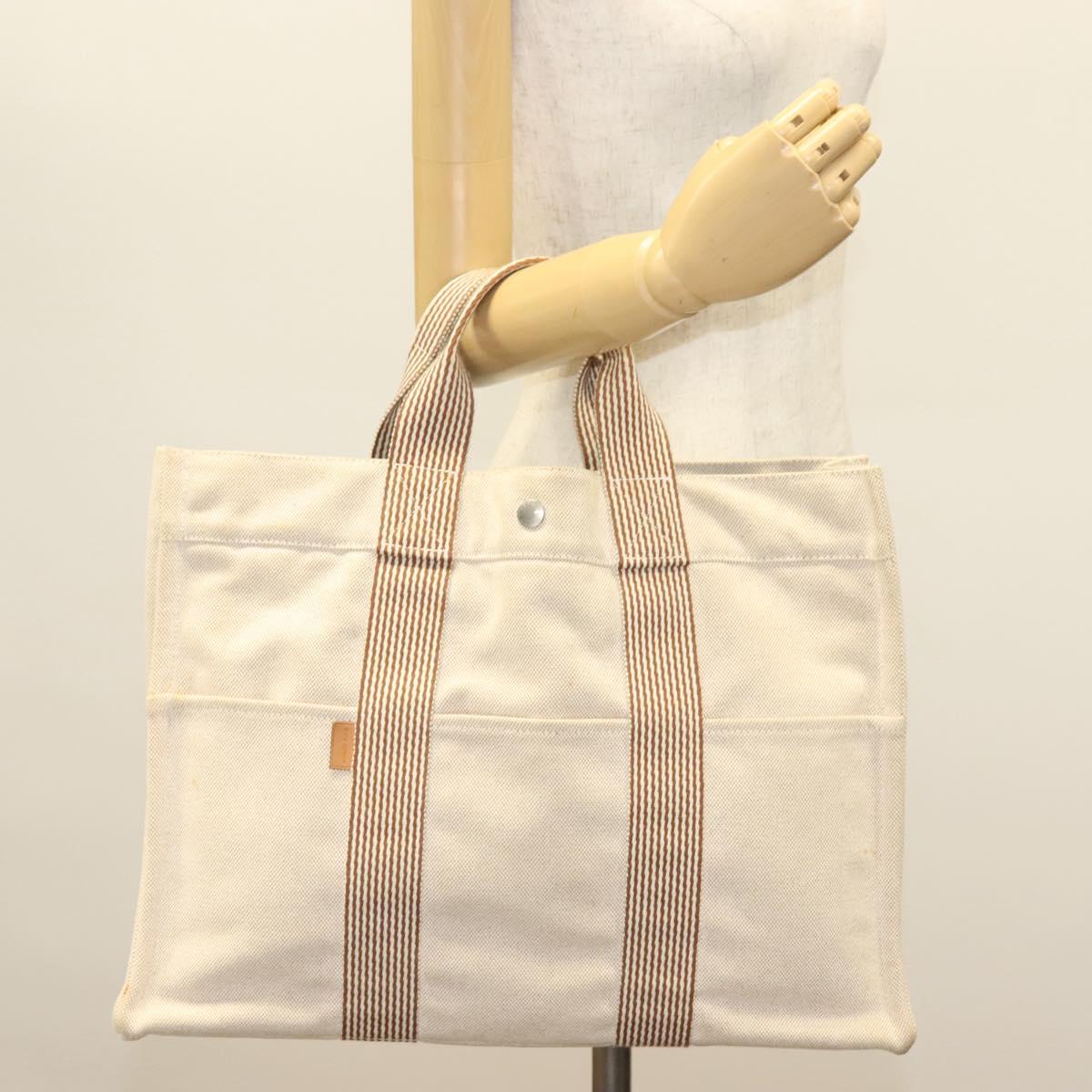 HERMES New Fourre ToutMM Hand Bag Canvas Beige Silver Auth 135646
