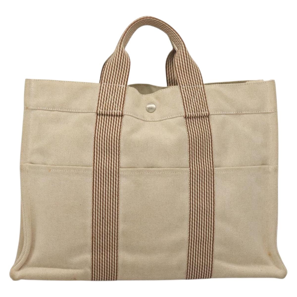 HERMES New Fourre ToutMM Hand Bag Canvas Beige Silver Auth 135646
