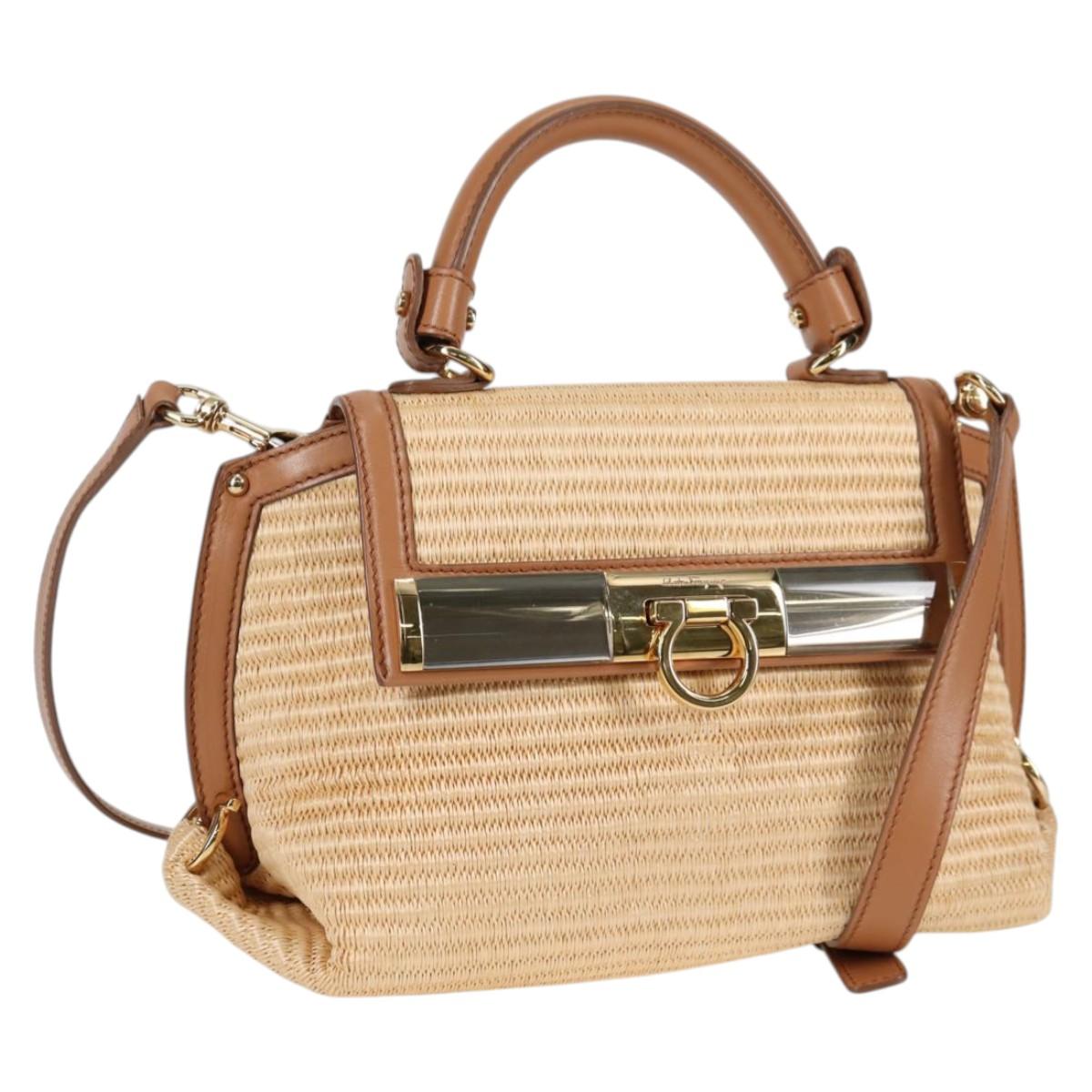 Salvatore Ferragamo Gancini Hand Bag Raffia Leather 2way Beige Gold Auth 135666M