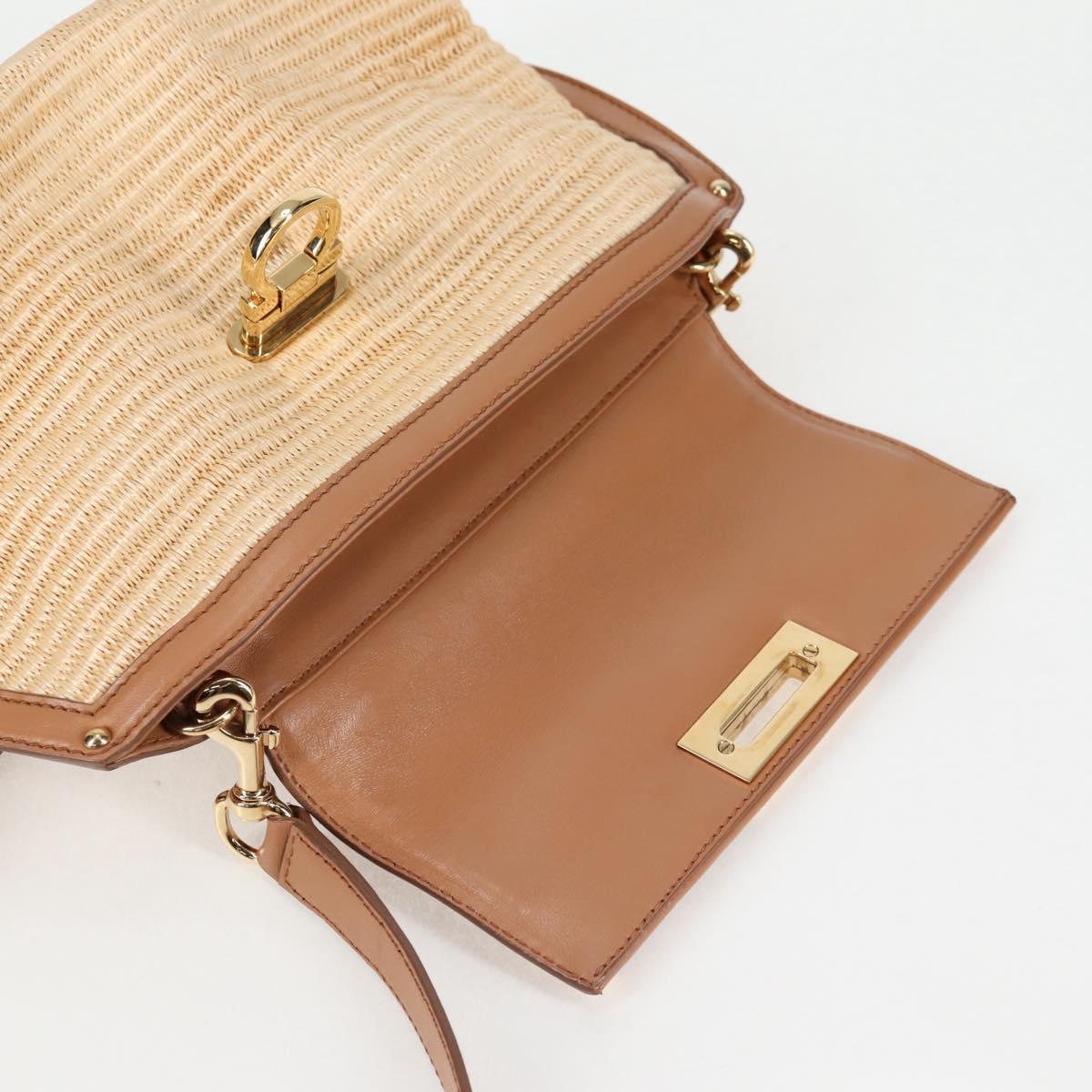Salvatore Ferragamo Gancini Hand Bag Raffia Leather 2way Beige Gold Auth 135666M