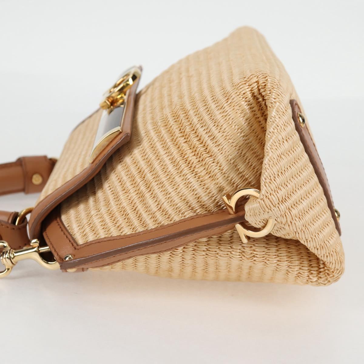 Salvatore Ferragamo Gancini Hand Bag Raffia Leather 2way Beige Gold Auth 135666M