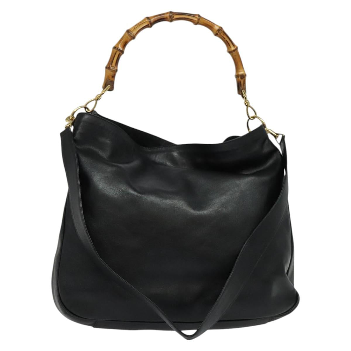 GUCCI Bamboo Hand Bag Leather 2way Black Gold 001 2123 1577 Auth 135785