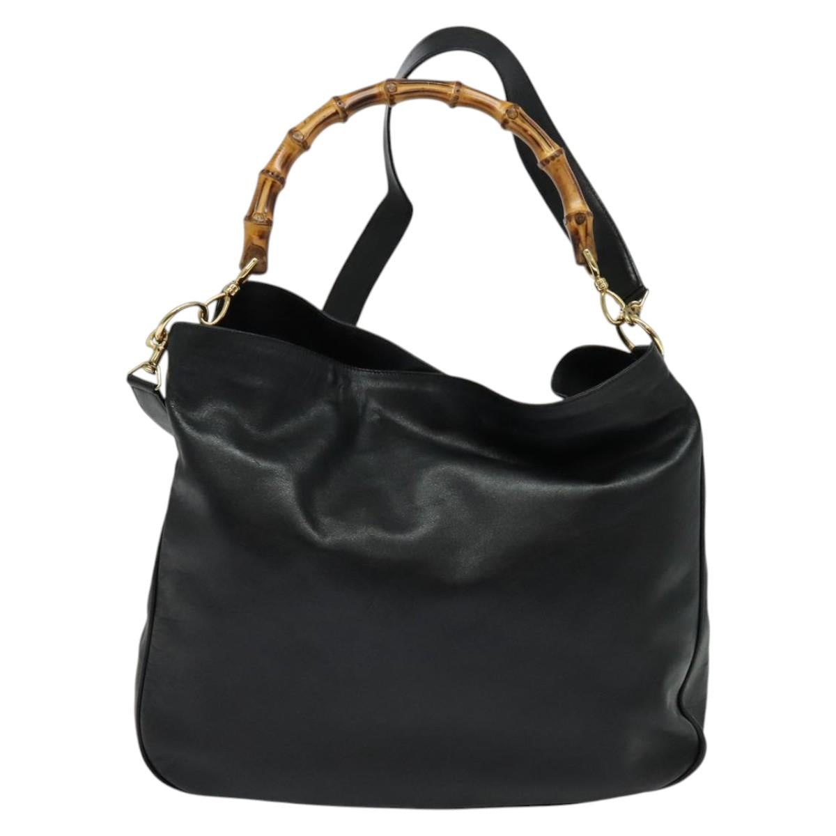 GUCCI Bamboo Hand Bag Leather 2way Black Gold 001 2123 1577 Auth 135785