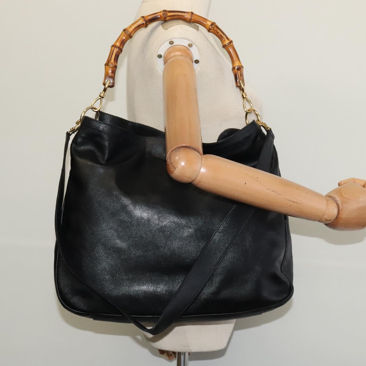 GUCCI Bamboo Hand Bag Leather 2way Black Gold 001 2123 1577 Auth 135785