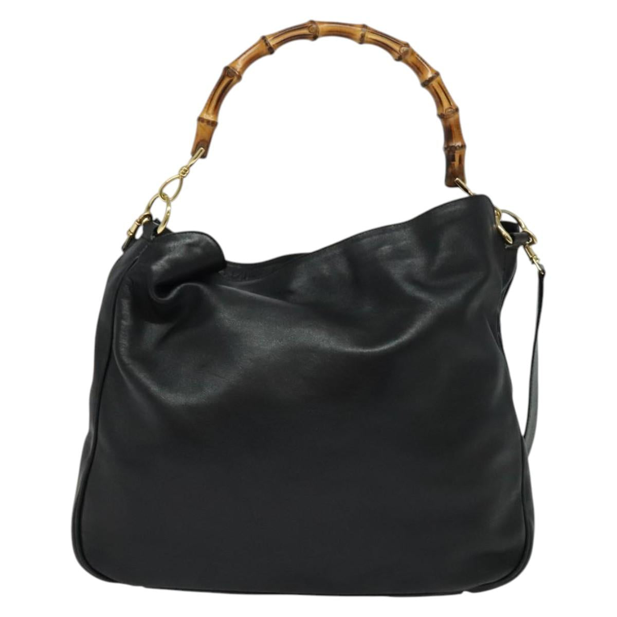 GUCCI Bamboo Hand Bag Leather 2way Black Gold 001 2123 1577 Auth 135785