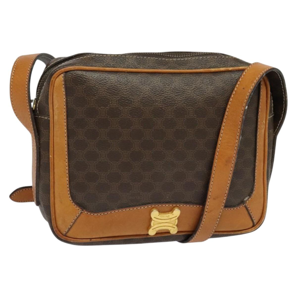 CELINE Macadam Canvas Shoulder Bag PVC Leather Brown Gold Auth 135803
