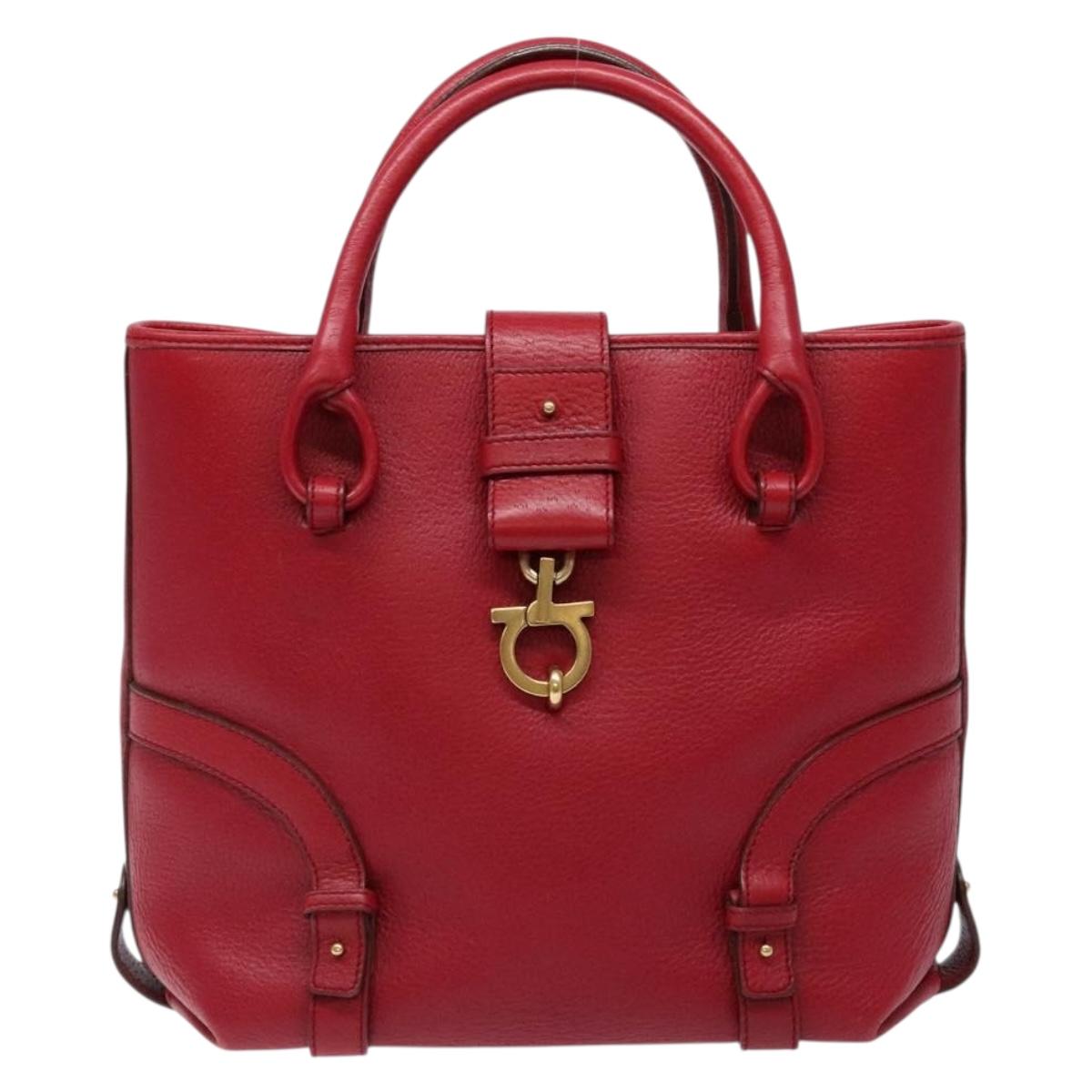 Salvatore Ferragamo Gancini Hand Bag Leather Red Gold Auth 135928