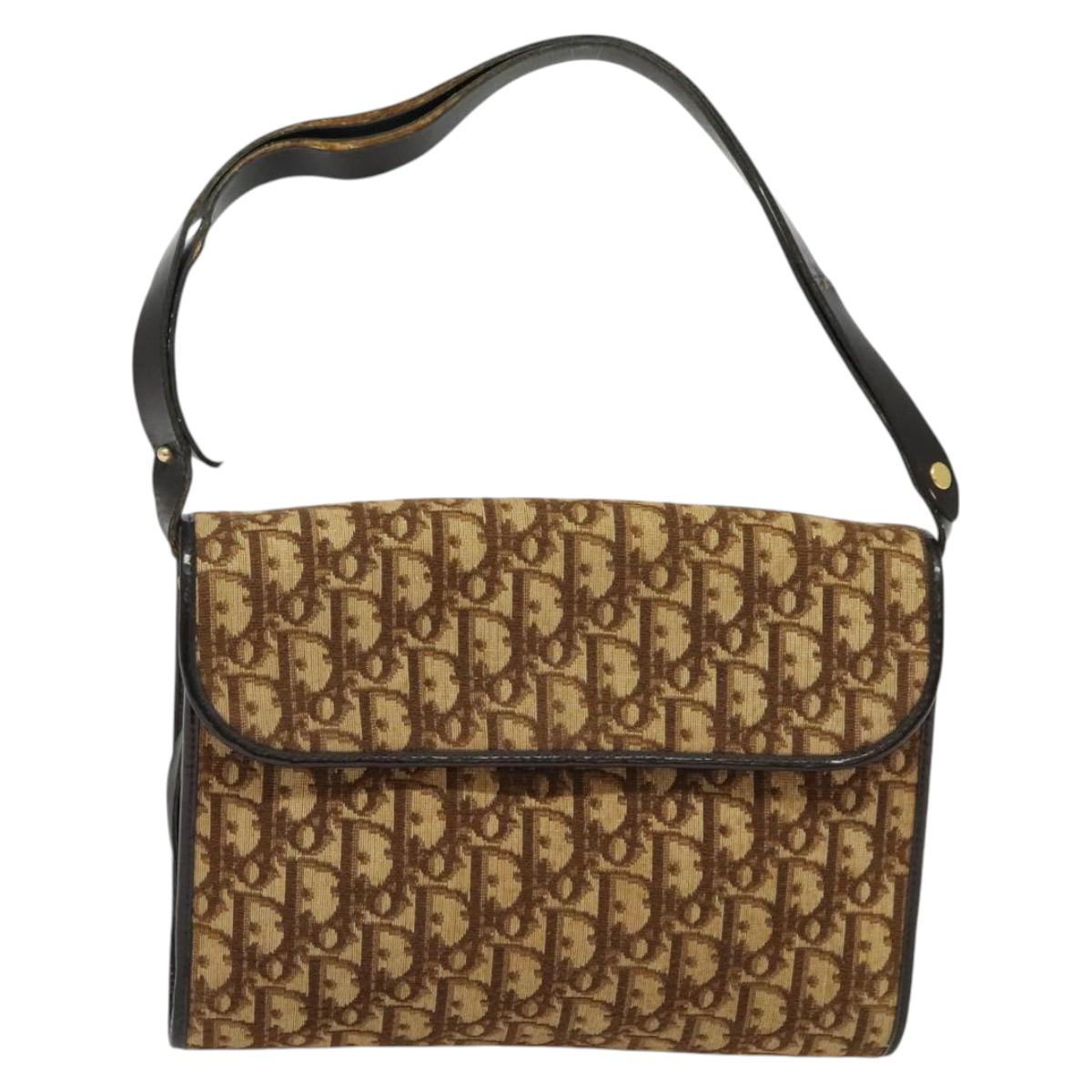 Christian Dior Trotter Canvas Shoulder Bag Brown Gold Auth 135940