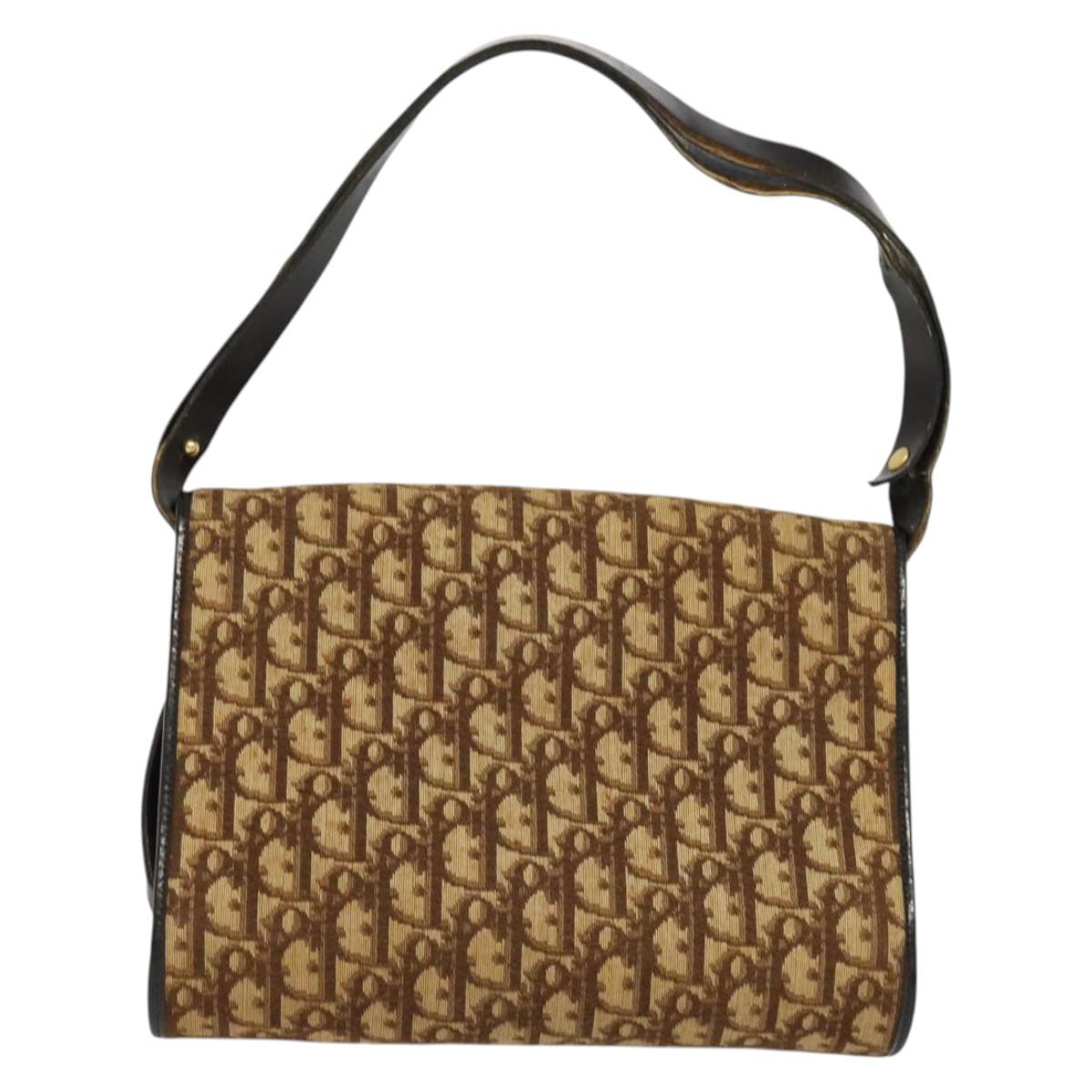 Christian Dior Trotter Canvas Shoulder Bag Brown Gold Auth 135940
