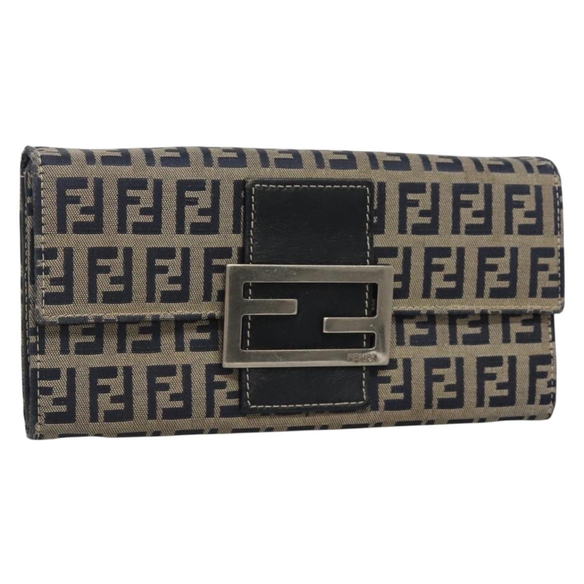 FENDI Zucchino Canvas Long Wallet Navy Silver Auth 135967