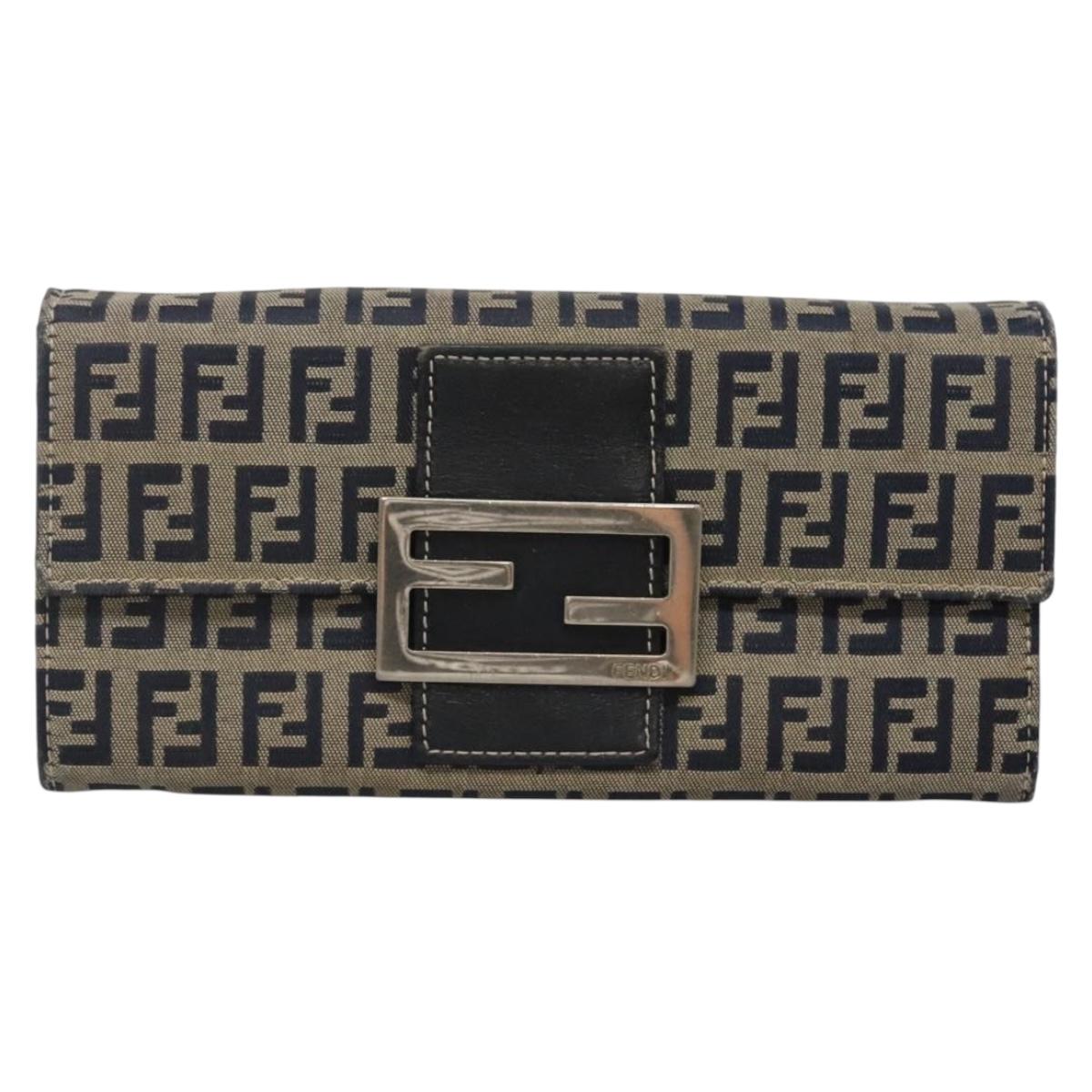 FENDI Zucchino Canvas Long Wallet Navy Silver Auth 135967