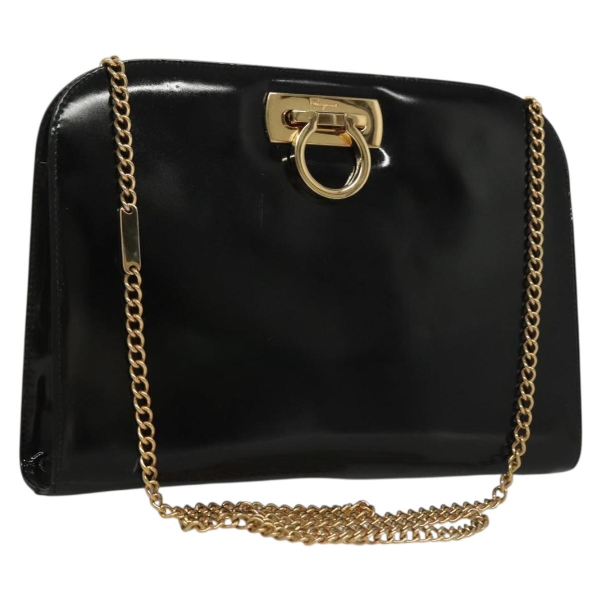 Salvatore Ferragamo Gancini Chain Shoulder Bag Enamel Black Silver Auth 135991