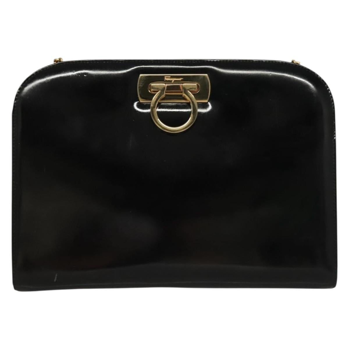 Salvatore Ferragamo Gancini Chain Shoulder Bag Enamel Black Silver Auth 135991