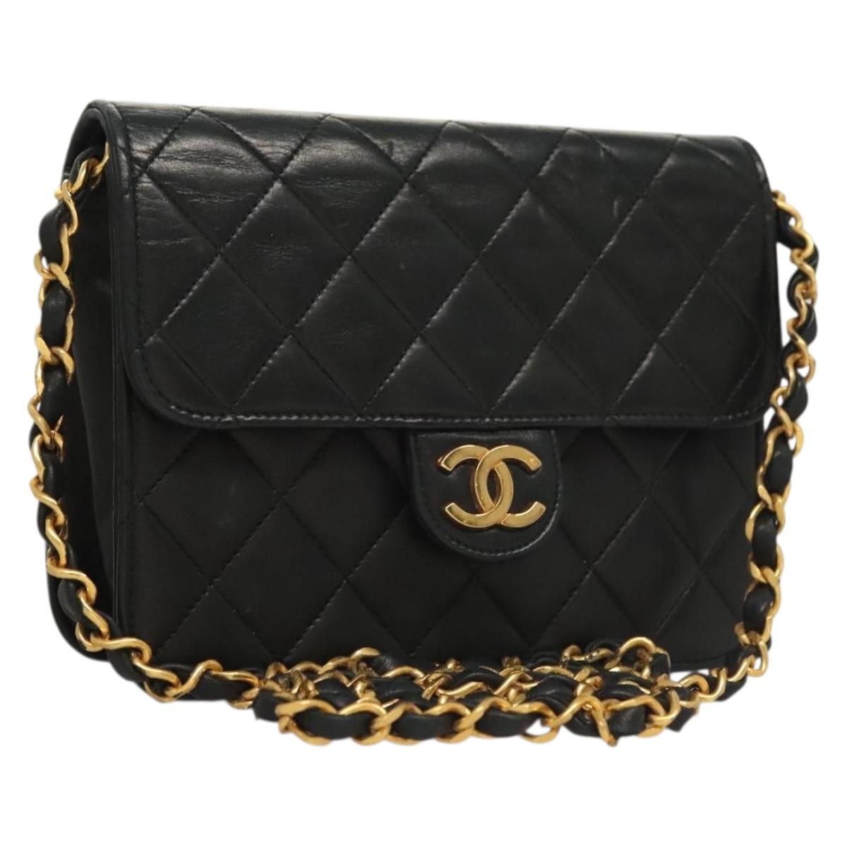 CHANEL Matelasse Chain Shoulder Bag Lamb Skin Black Gold CC Auth 136000