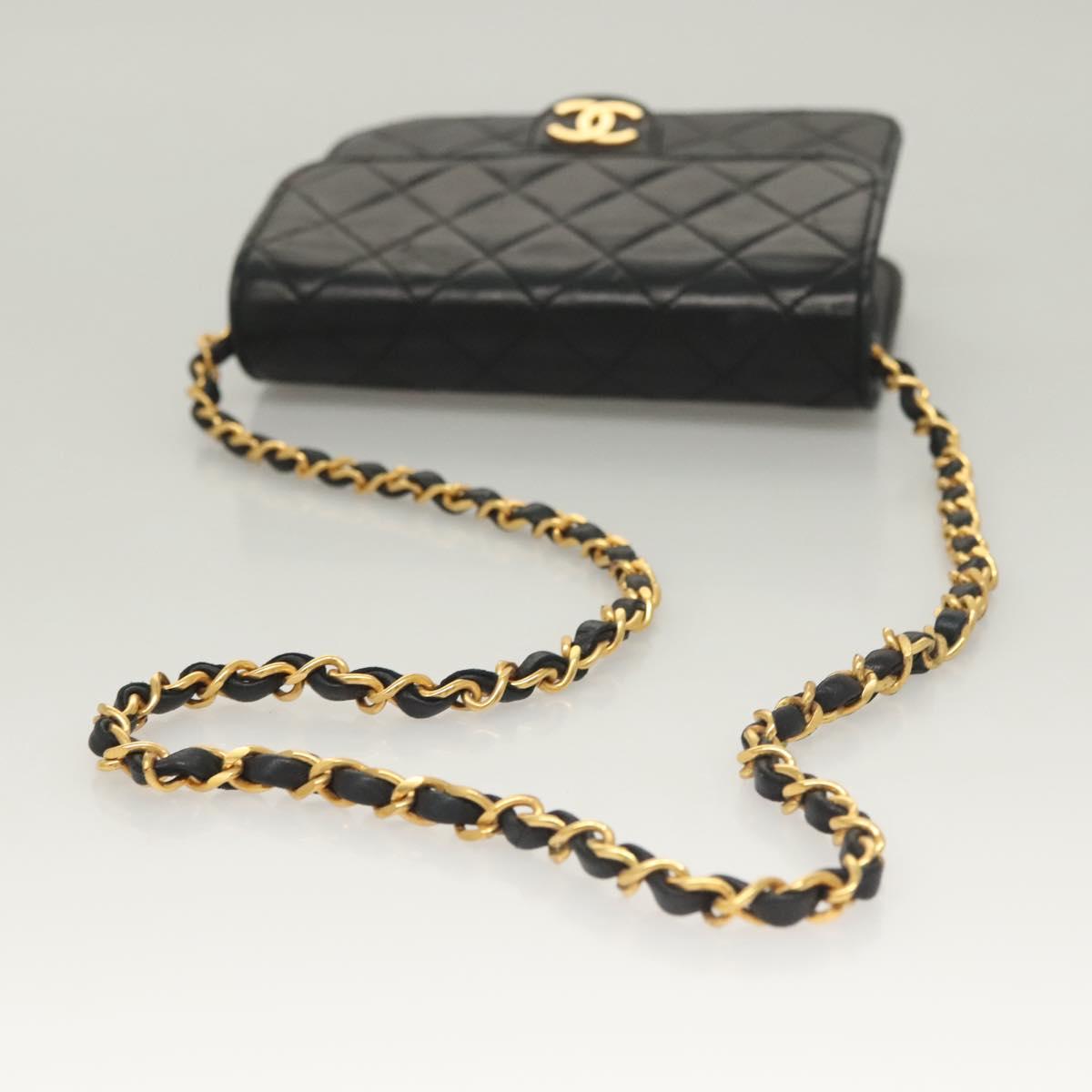 CHANEL Matelasse Chain Shoulder Bag Lamb Skin Black Gold CC Auth 136000