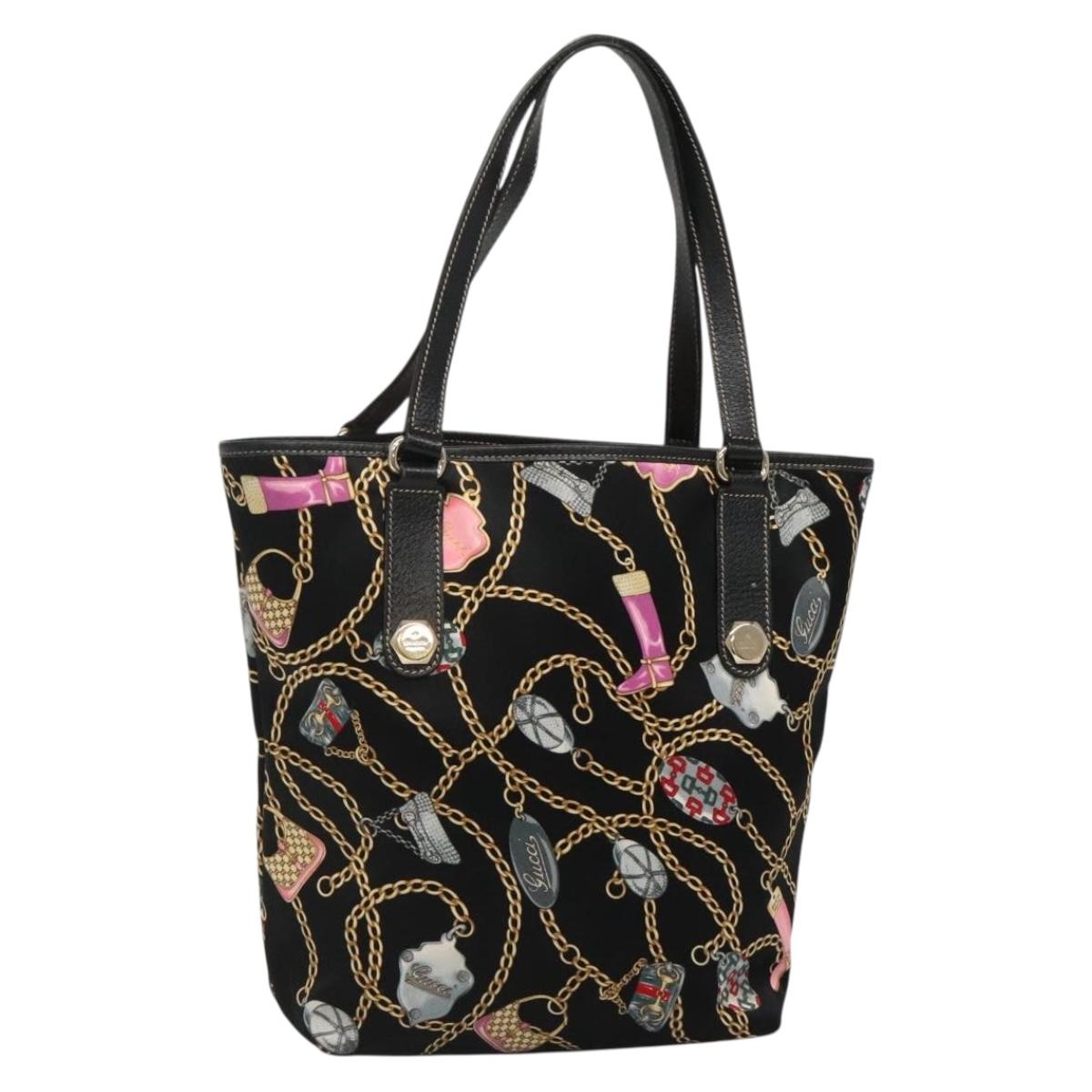 GUCCI Tote Bag Satin Black Gold 153009 Auth 136048
