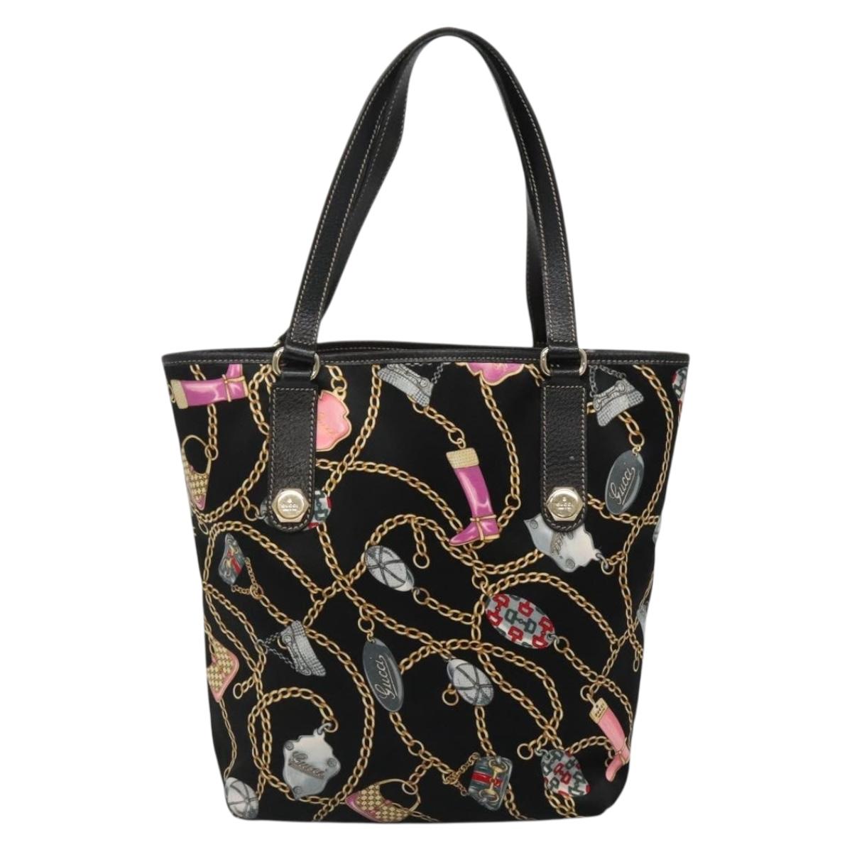 GUCCI Tote Bag Satin Black Gold 153009 Auth 136048