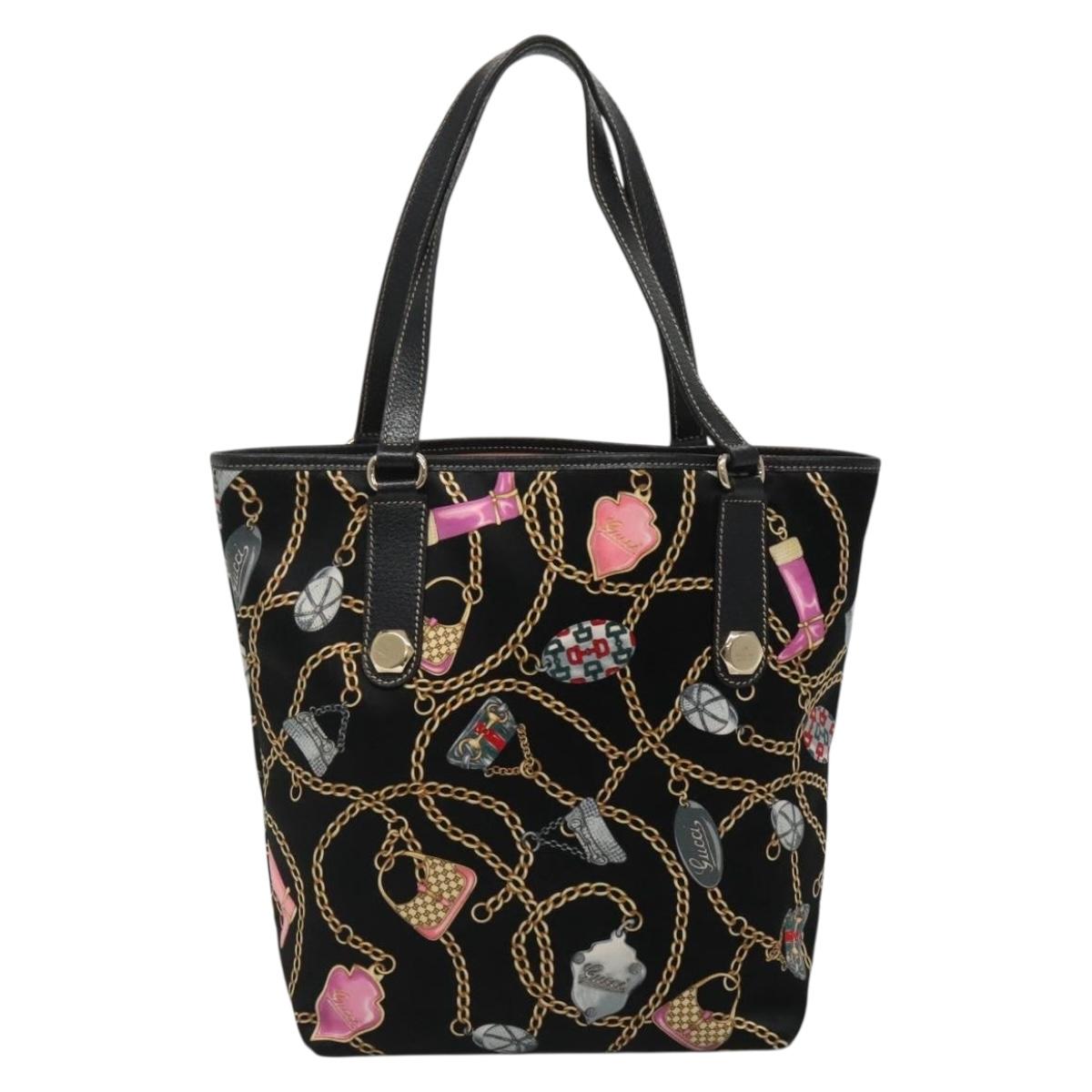 GUCCI Tote Bag Satin Black Gold 153009 Auth 136048