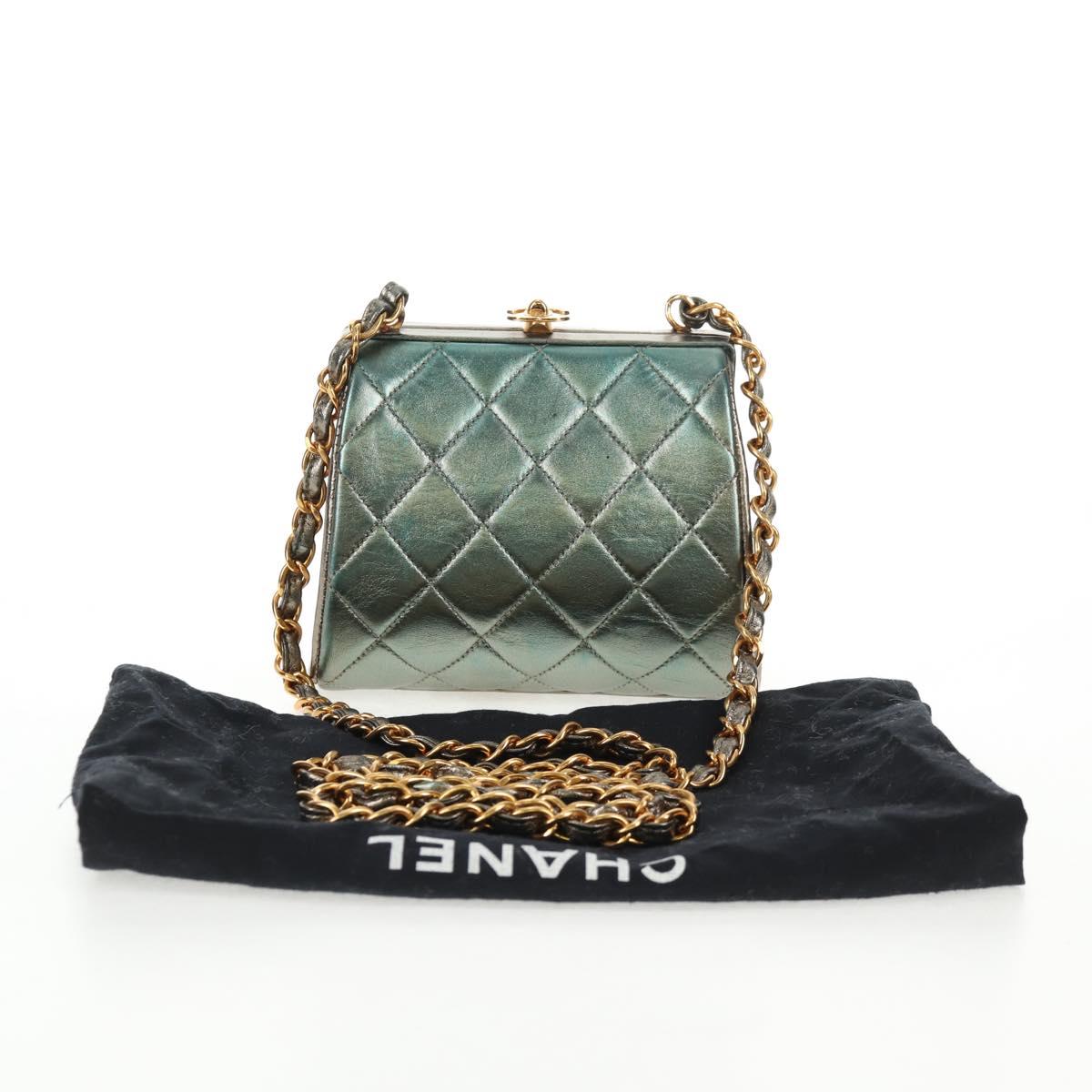 CHANEL Matelasse Chain Shoulder Bag Leather Green CC Auth 136053V