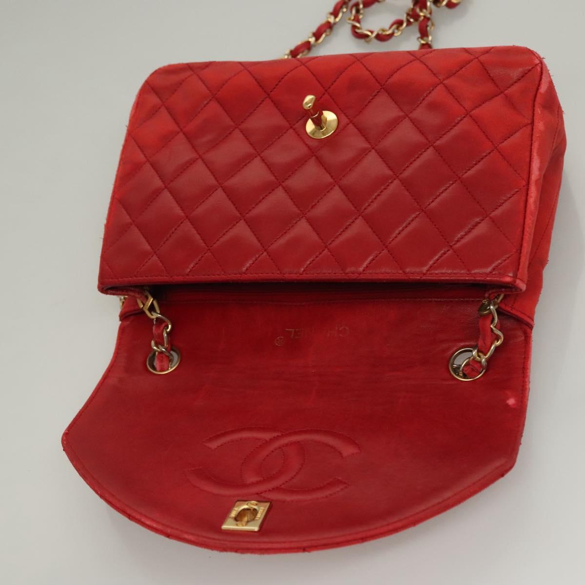 CHANEL Matelasse Chain Shoulder Bag Lamb Skin Red Gold CC Auth 136059
