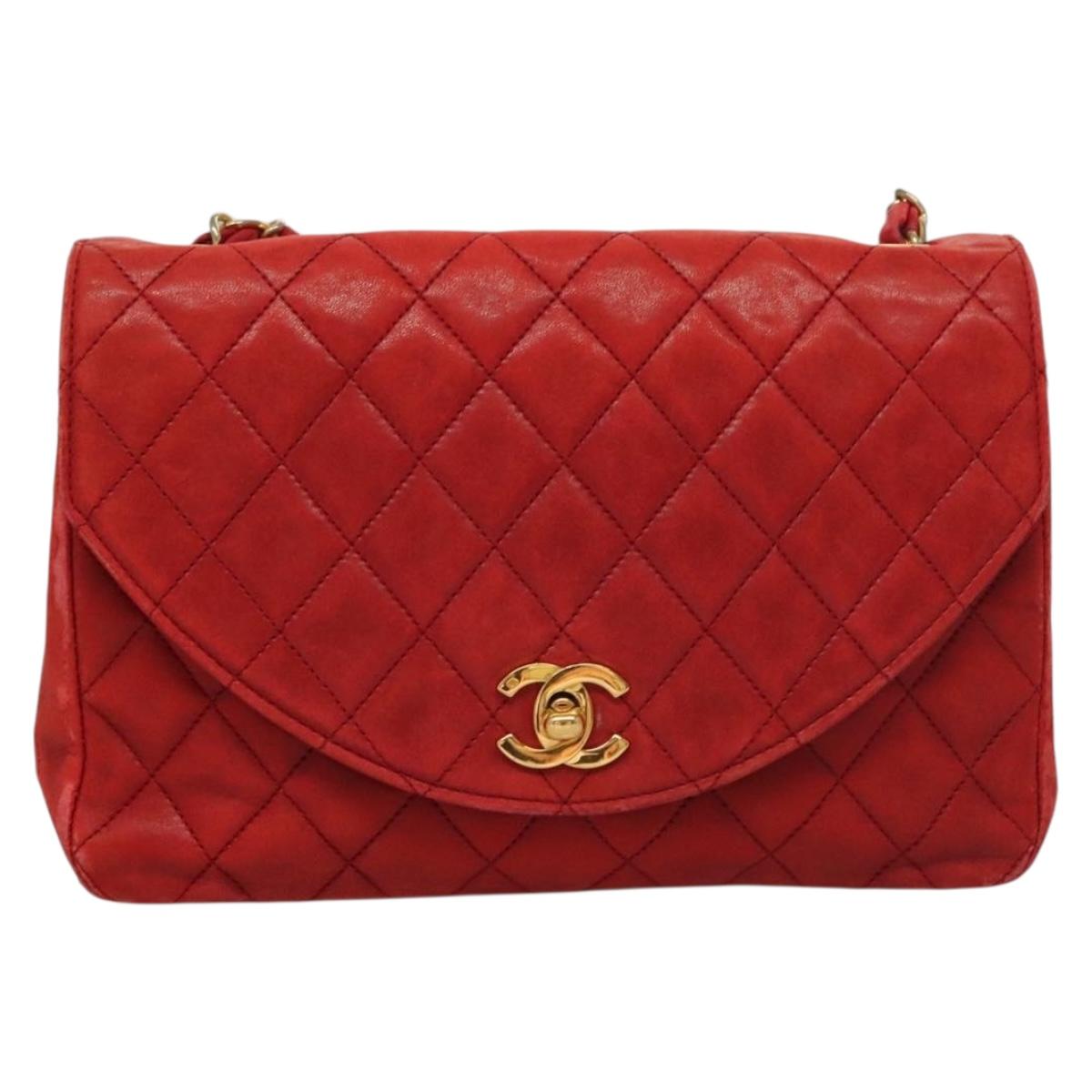CHANEL Matelasse Chain Shoulder Bag Lamb Skin Red Gold CC Auth 136059