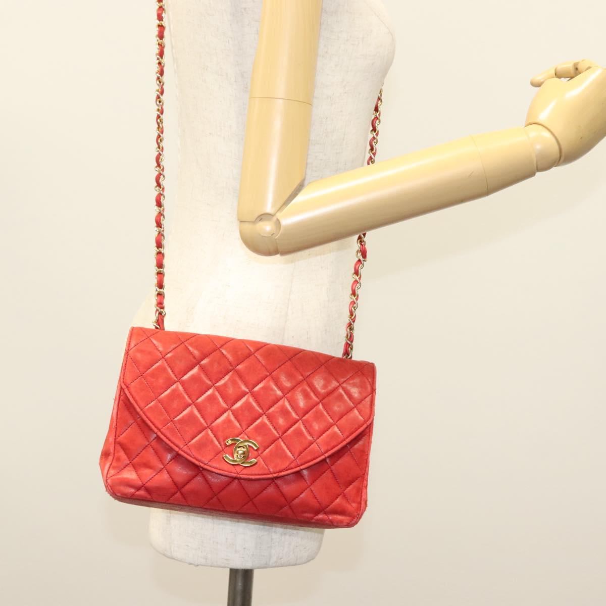 CHANEL Matelasse Chain Shoulder Bag Lamb Skin Red Gold CC Auth 136059