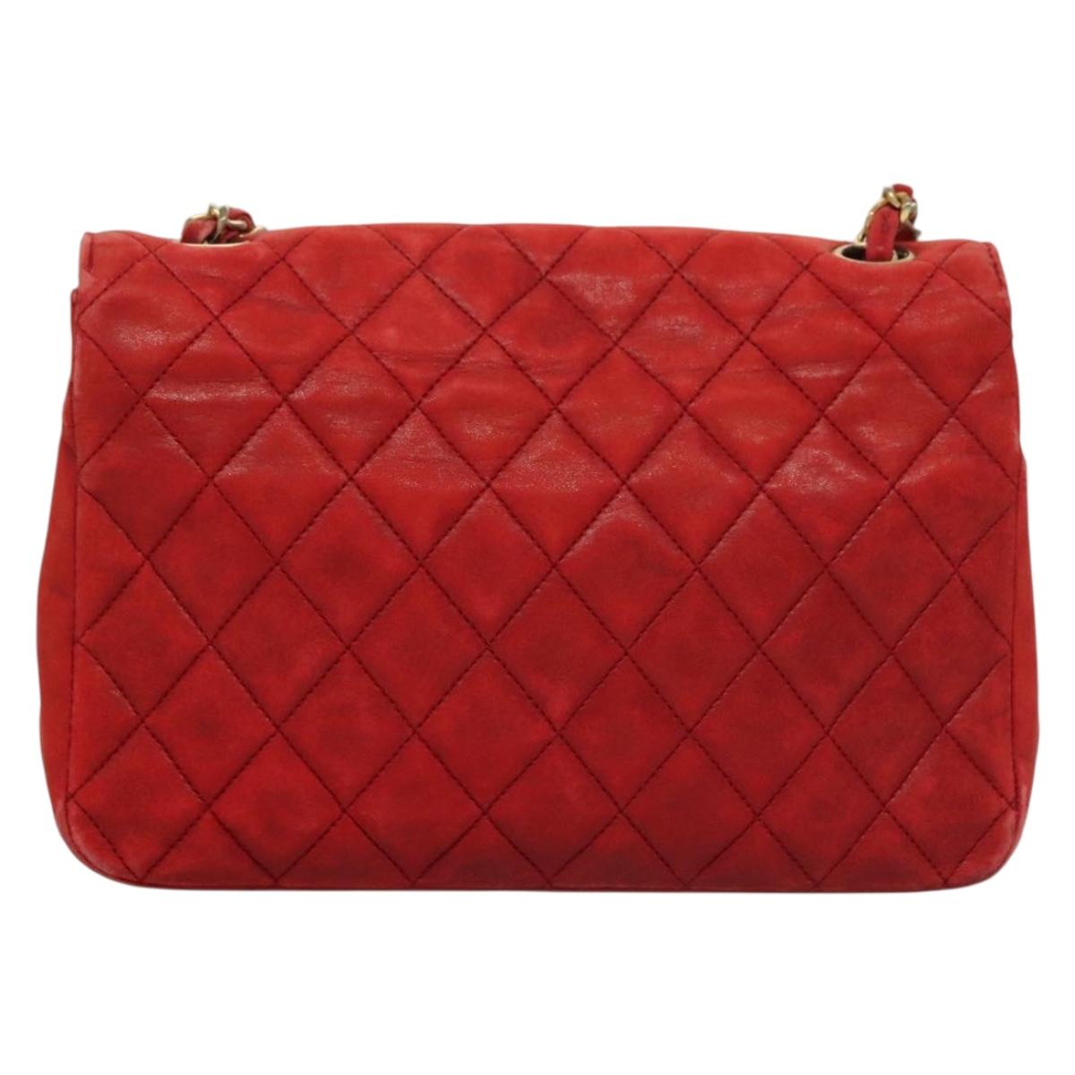 CHANEL Matelasse Chain Shoulder Bag Lamb Skin Red Gold CC Auth 136059