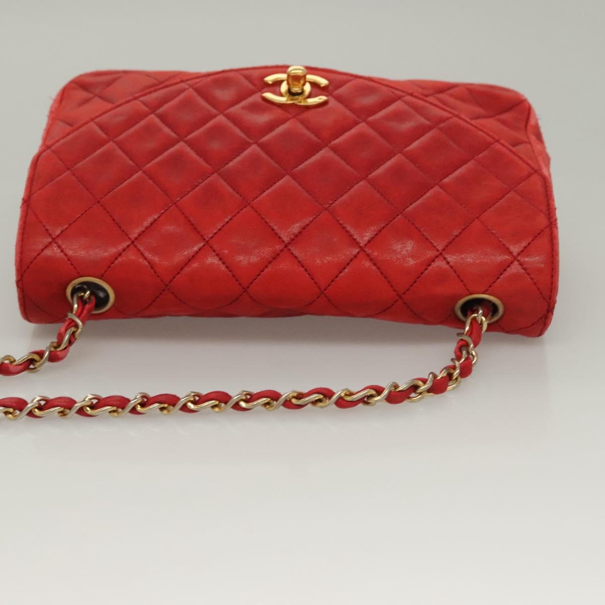 CHANEL Matelasse Chain Shoulder Bag Lamb Skin Red Gold CC Auth 136059