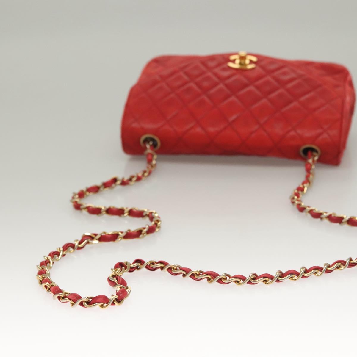 CHANEL Matelasse Chain Shoulder Bag Lamb Skin Red Gold CC Auth 136059