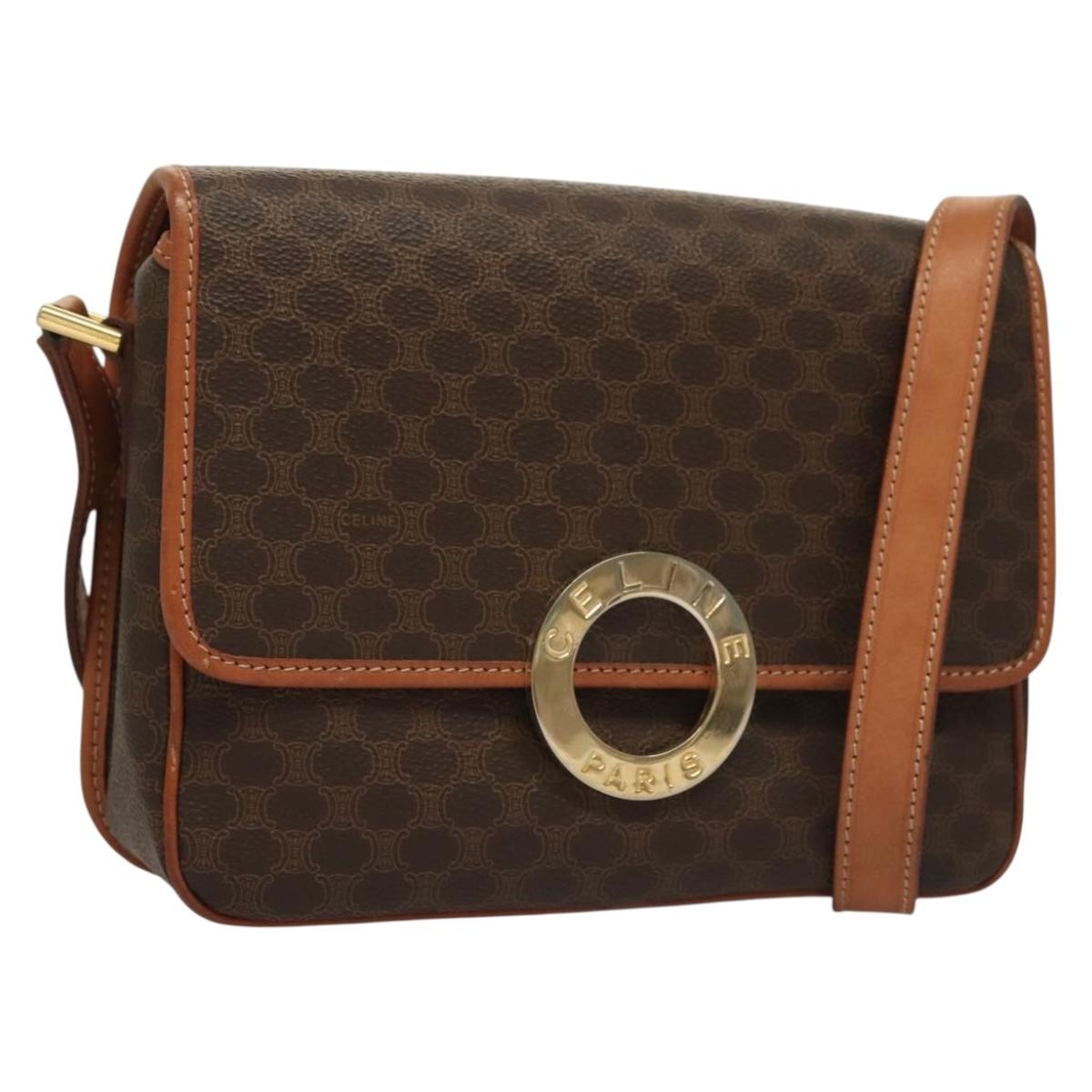 CELINE Macadam Canvas Shoulder Bag PVC Leather Brown Gold Auth 136068